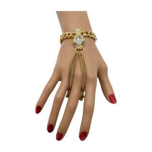 New Women Gold Fashion Bracelet Metal Hand Chain Connected Ring Bling Snake Head